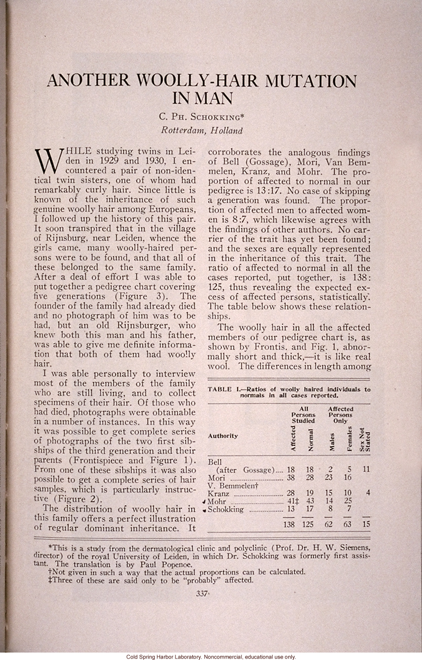 &quote;Another Wooly-Hair Mutation in Man,&quote; by C.Ph. Schokking, <i>Journal of Heredity</i> (vol. 25)