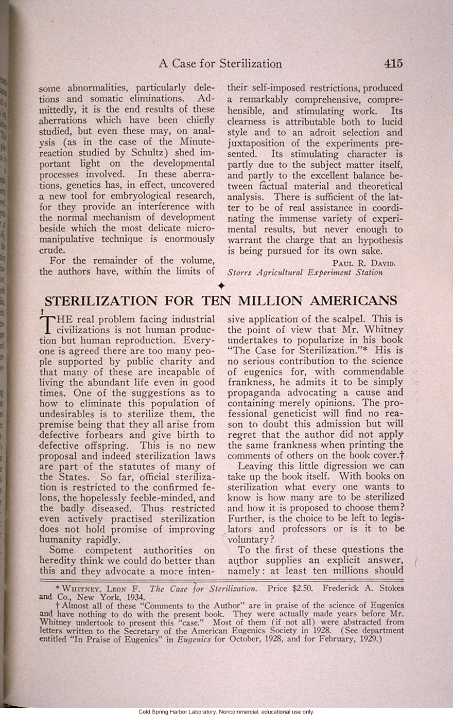 &quote;Sterilization for Ten Million Americans,&quote; by J.H. Kempton, <i>Journal of Heredity</i> (vol. 25), review of L. Whitney's <i>Case for Sterilization</i>