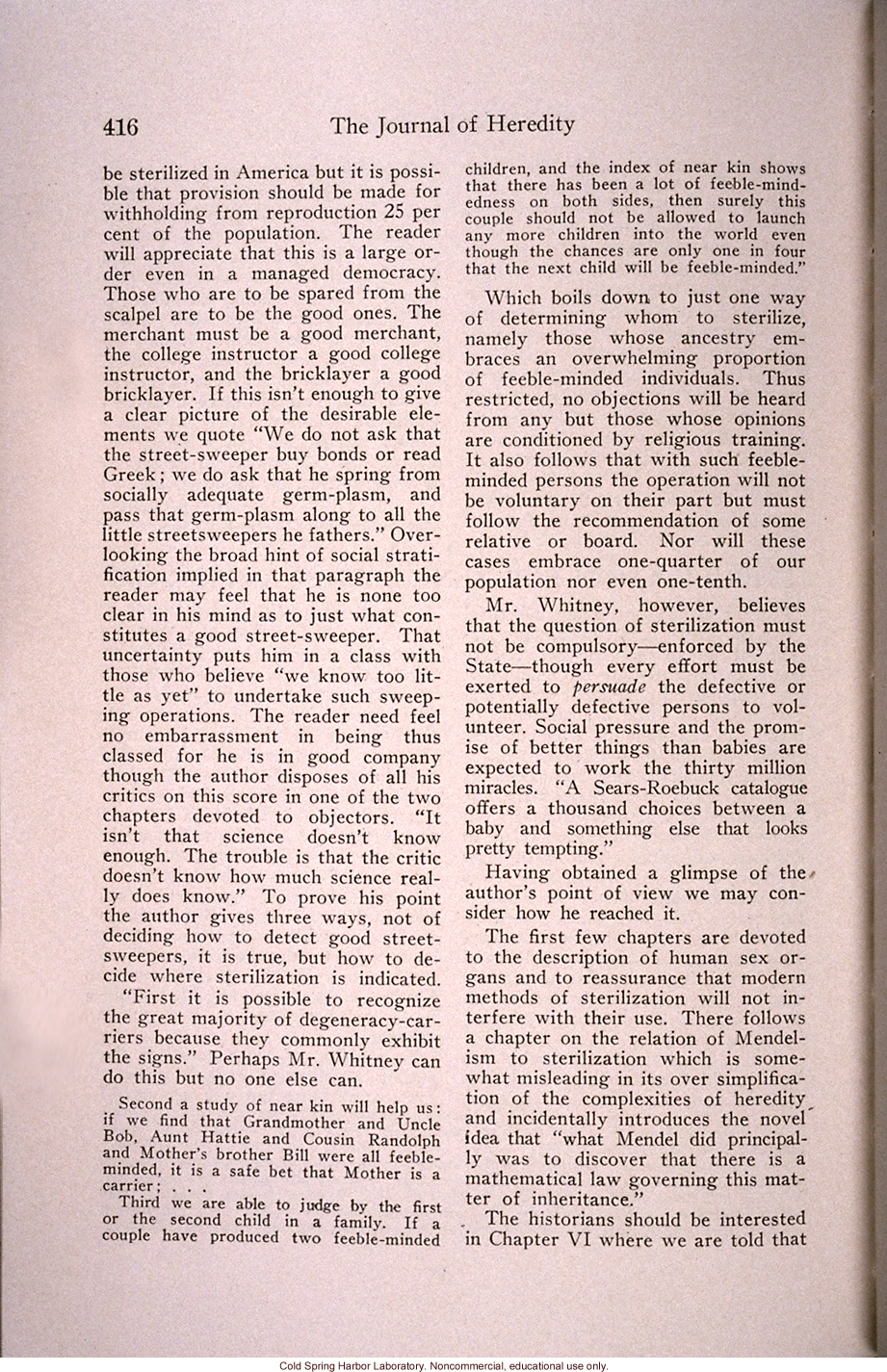 &quote;Sterilization for Ten Million Americans,&quote; by J.H. Kempton, <i>Journal of Heredity</i> (vol. 25), review of L. Whitney's <i>Case for Sterilization</i>