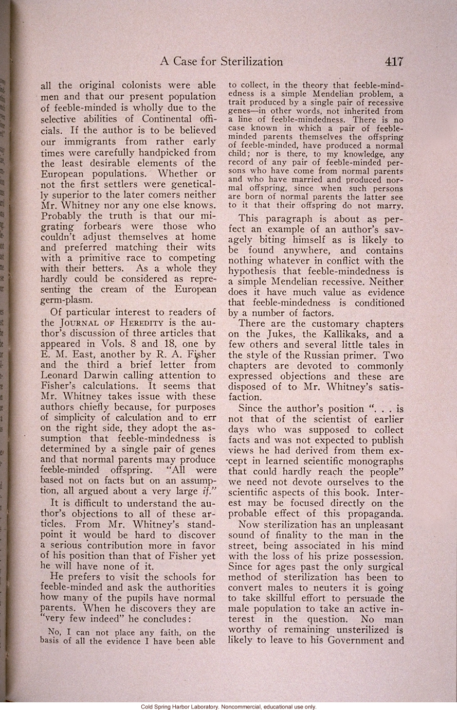 &quote;Sterilization for Ten Million Americans,&quote; by J.H. Kempton, <i>Journal of Heredity</i> (vol. 25), review of L. Whitney's <i>Case for Sterilization</i>