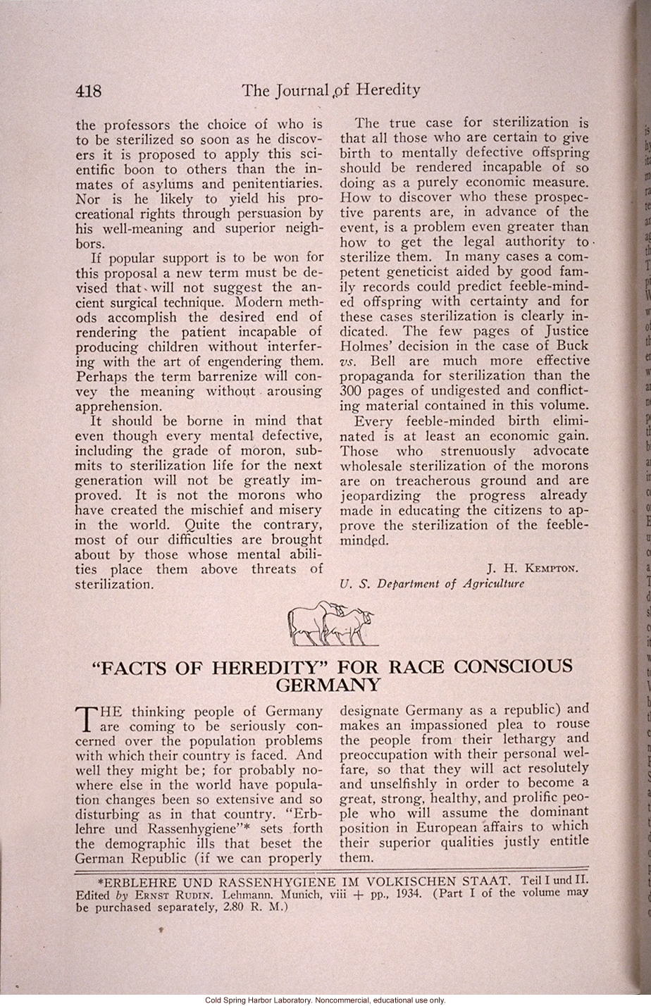 &quote;Sterilization for Ten Million Americans,&quote; by J.H. Kempton, <i>Journal of Heredity</i> (vol. 25), review of L. Whitney's <i>Case for Sterilization</i>