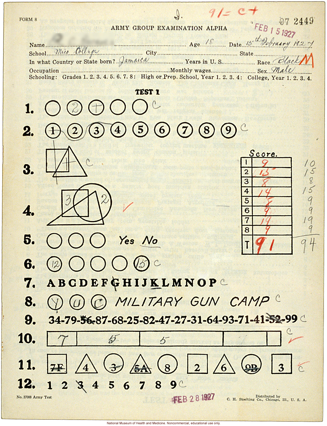 Mico College anthropometric case 1: &quote;Army Group Examination Alpha,&quote; conducted by Morris Steggerda for <i>Race Crossing in Jamaica</i>