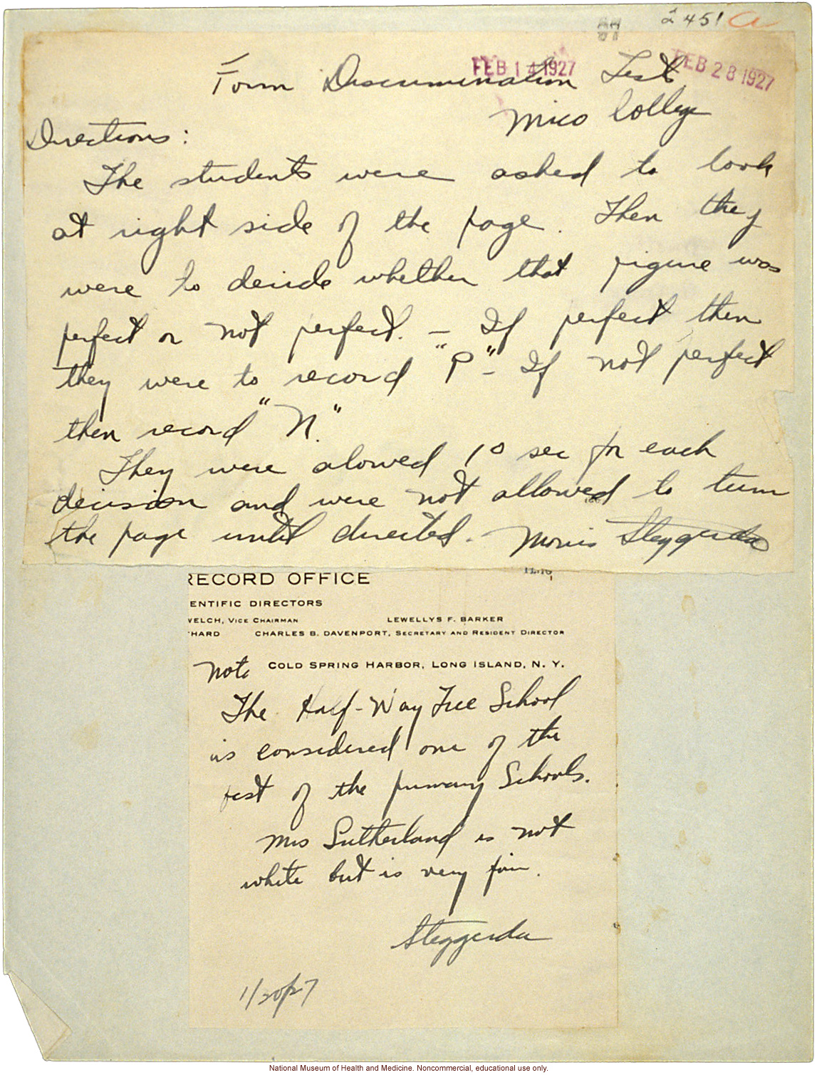 Morris Steggerda's handwritten directions for administering Form Discrimination Tests conducted at Mico College for <i>Race Crossing in Jamaica</i>C