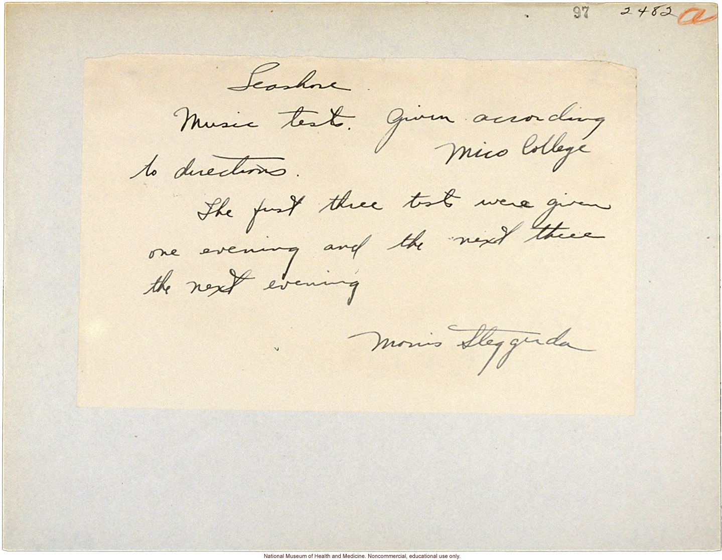 Morris Steggerda's handwritten note about music tests conducted at Mico College for <i>Race Crossing in Jamaica</i>