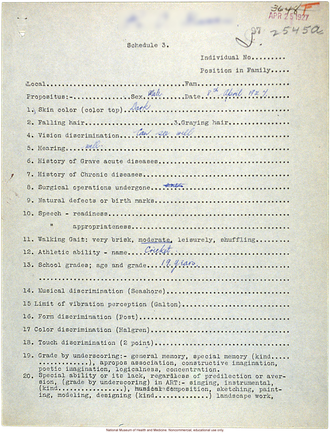 Mico College anthropometric case 1: photos, Schedule 3, notes, drawing test; by Morris Steggerda for <i>Race Crossing in Jamaica</i>