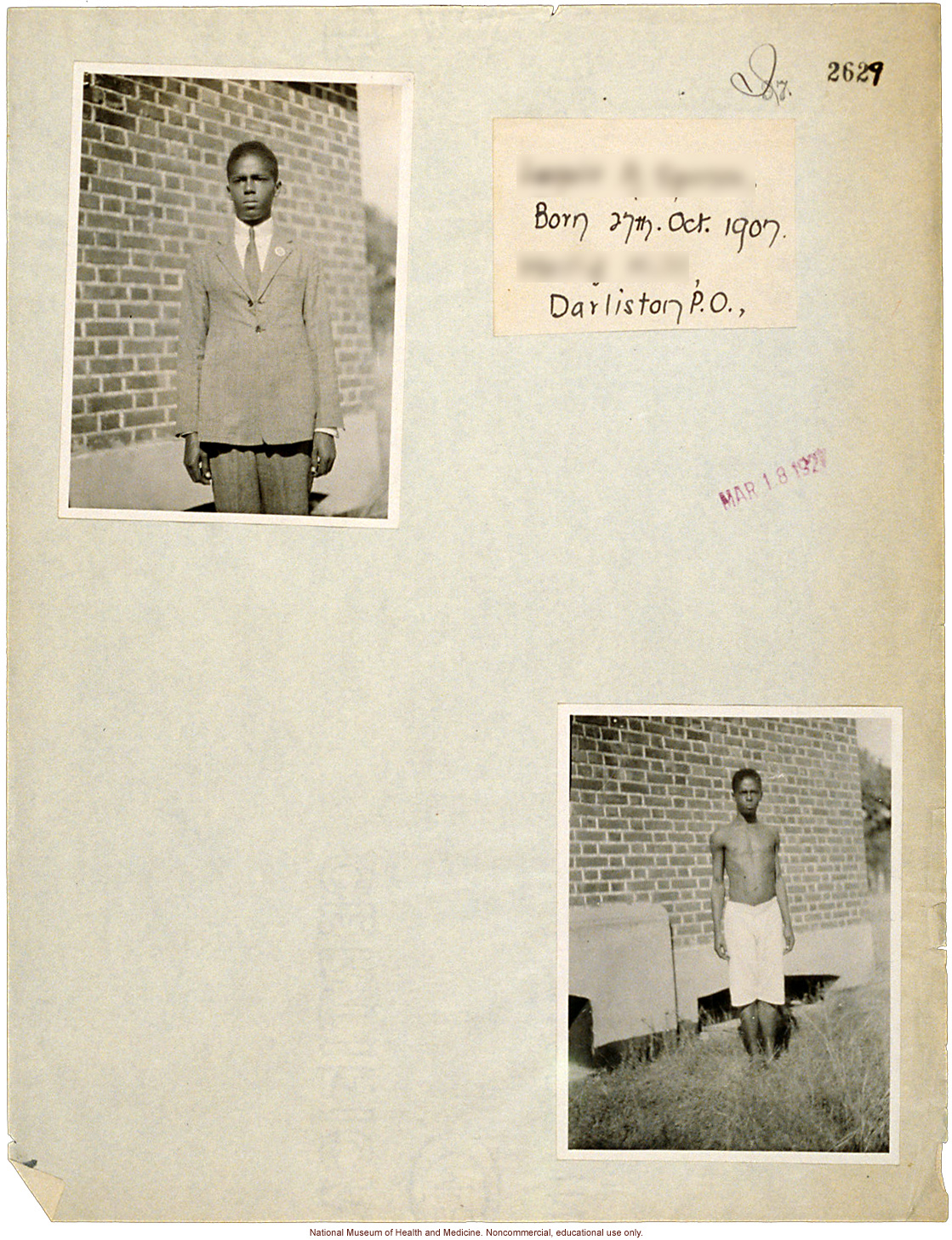 Mico College anthropometric case 2: photos, Schedule 3, measurements, pedigree, notes; by Morris Steggerda for <i>Race Crossing in Jamaica</i>