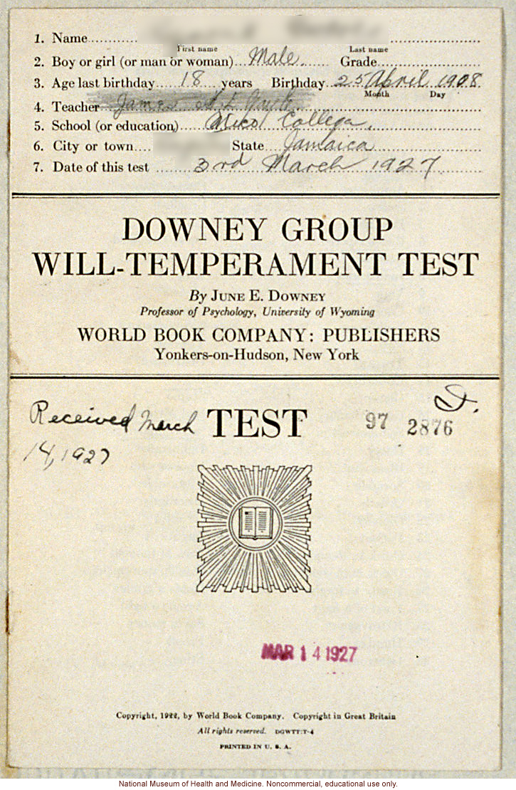 &quote;Downey Group Will-Temperament Test,&quote; Mico College, conducted by Morris Steggerda for <i>Race Crossing in Jamaica</i>