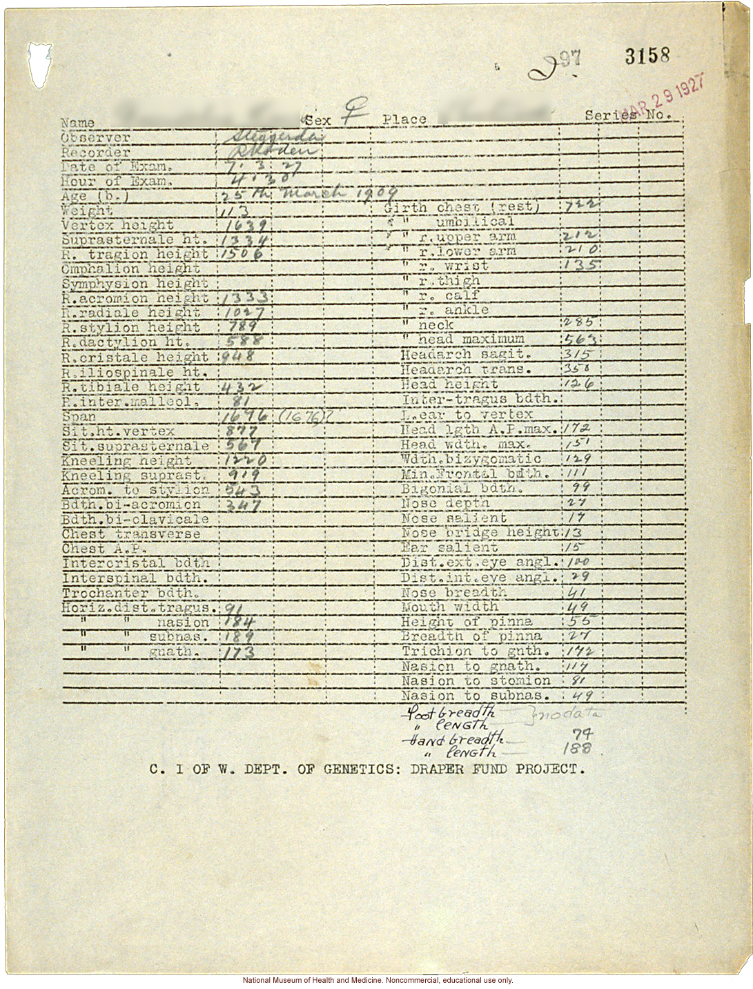 Shortwood College anthropometric case: photos, measurements, fingerprints, hair; by Morris Steggerda for <i>Race Crossing in Jamaica</i>