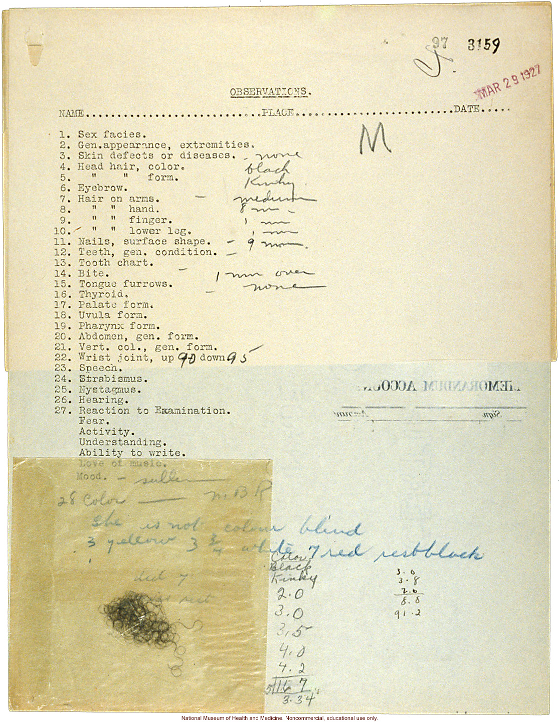 Shortwood College anthropometric case: photos, measurements, fingerprints, hair; by Morris Steggerda for <i>Race Crossing in Jamaica</i>