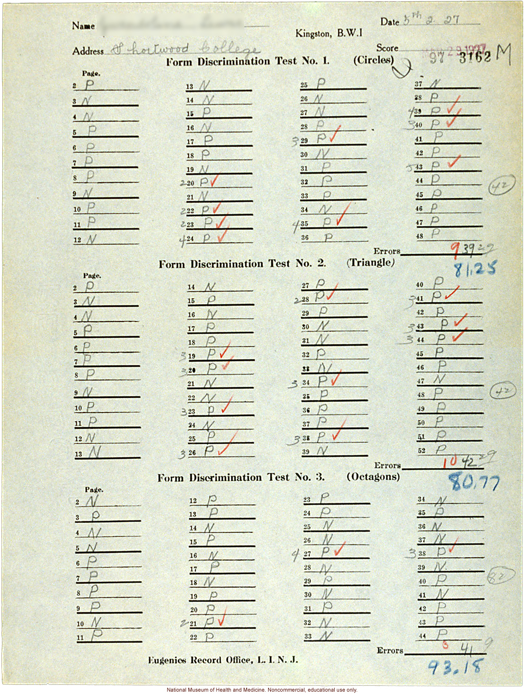 Shortwood College anthropometric case: &quote;Form Discrimination Test,&quote; conducted by Morris Steggerda for <i>Race Crossing in Jamaica</i>