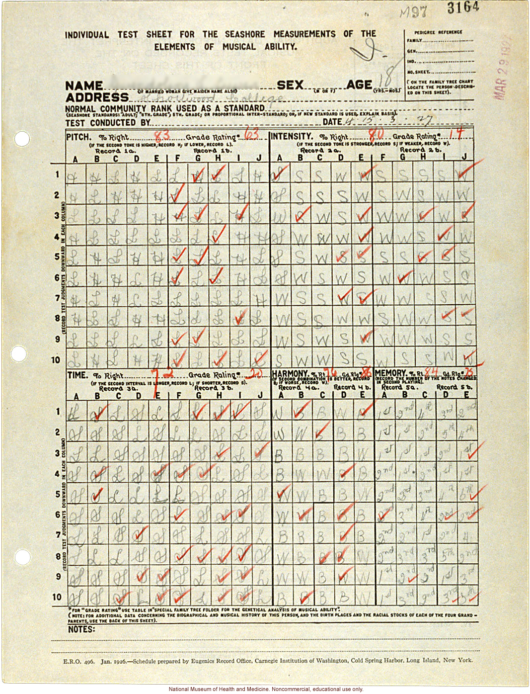 Shortwood College anthropometric case: &quote;Seashore&quote; Measurements of Musical Ability, conducted by Morris Steggerda for <i>Race Crossing in Jamaica</i>