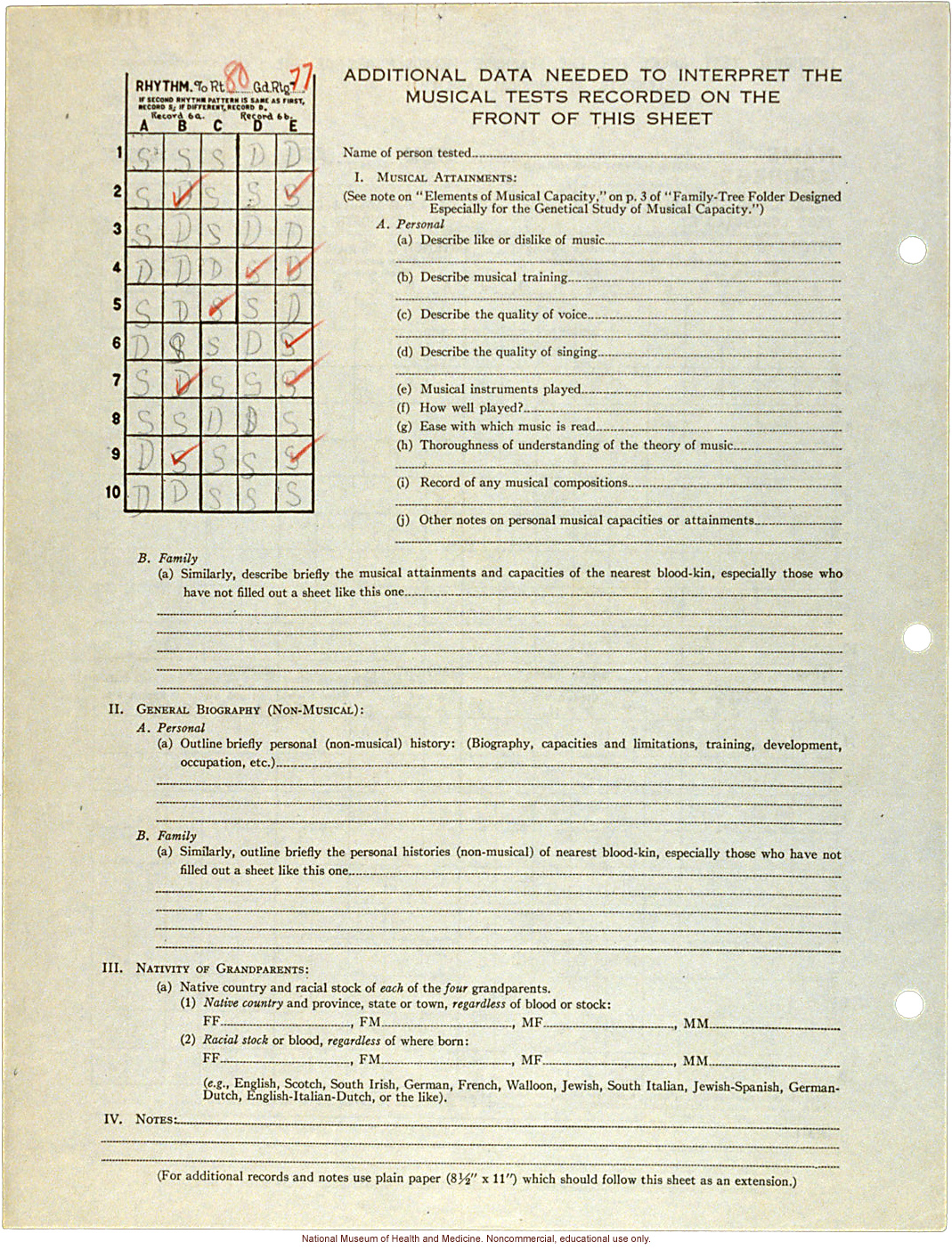 Shortwood College anthropometric case: &quote;Seashore&quote; Measurements of Musical Ability, conducted by Morris Steggerda for <i>Race Crossing in Jamaica</i>