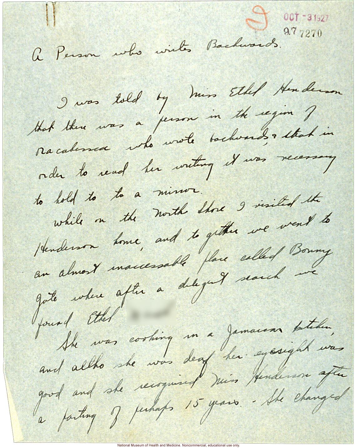 &quote;A Person who writes Backwards,&quote; handwritten report with photo and writing samples, conducted in Jamaica by Morris Steggerda