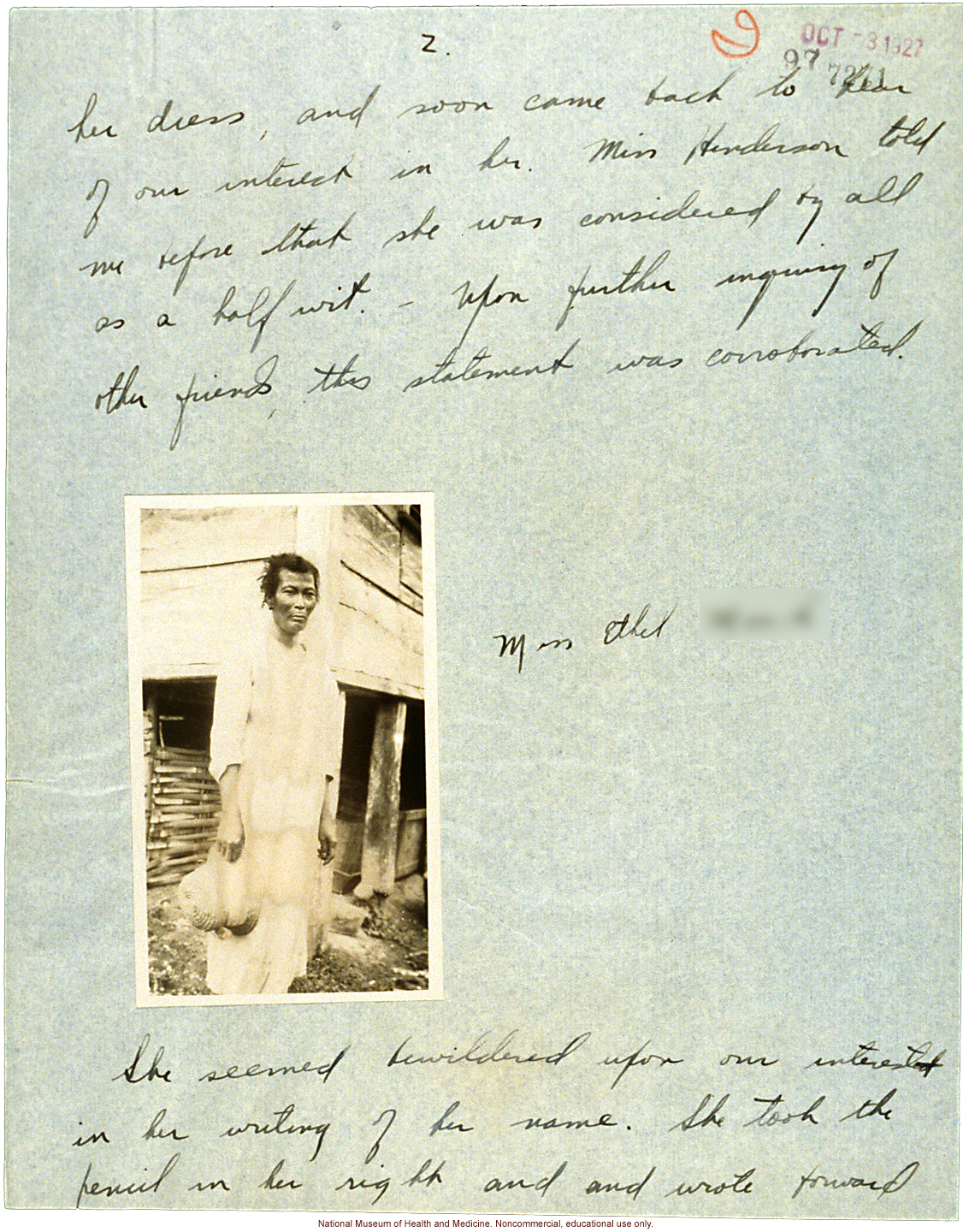 &quote;A Person who writes Backwards,&quote; handwritten report with photo and writing samples, conducted in Jamaica by Morris Steggerda