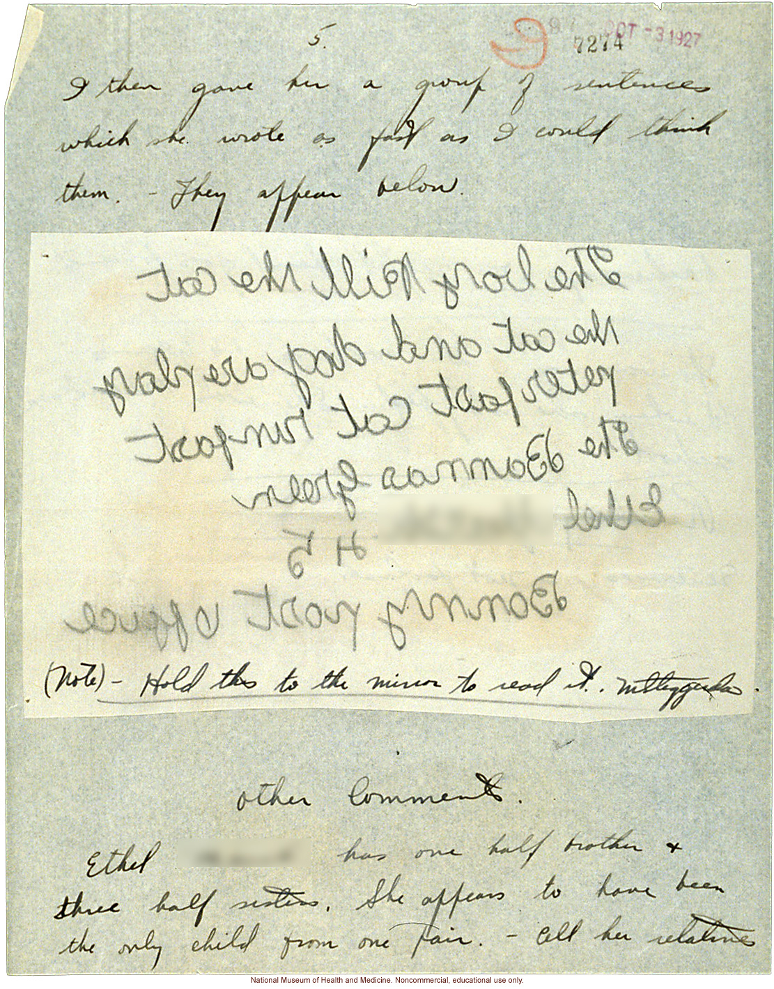 &quote;A Person who writes Backwards,&quote; handwritten report with photo and writing samples, conducted in Jamaica by Morris Steggerda