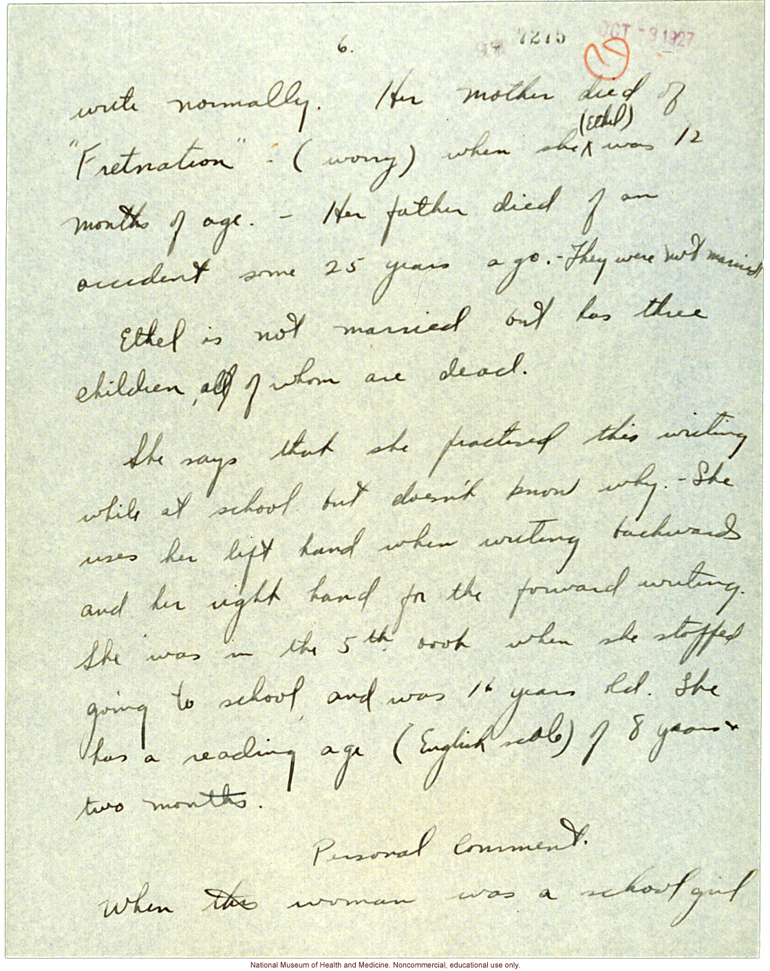 &quote;A Person who writes Backwards,&quote; handwritten report with photo and writing samples, conducted in Jamaica by Morris Steggerda