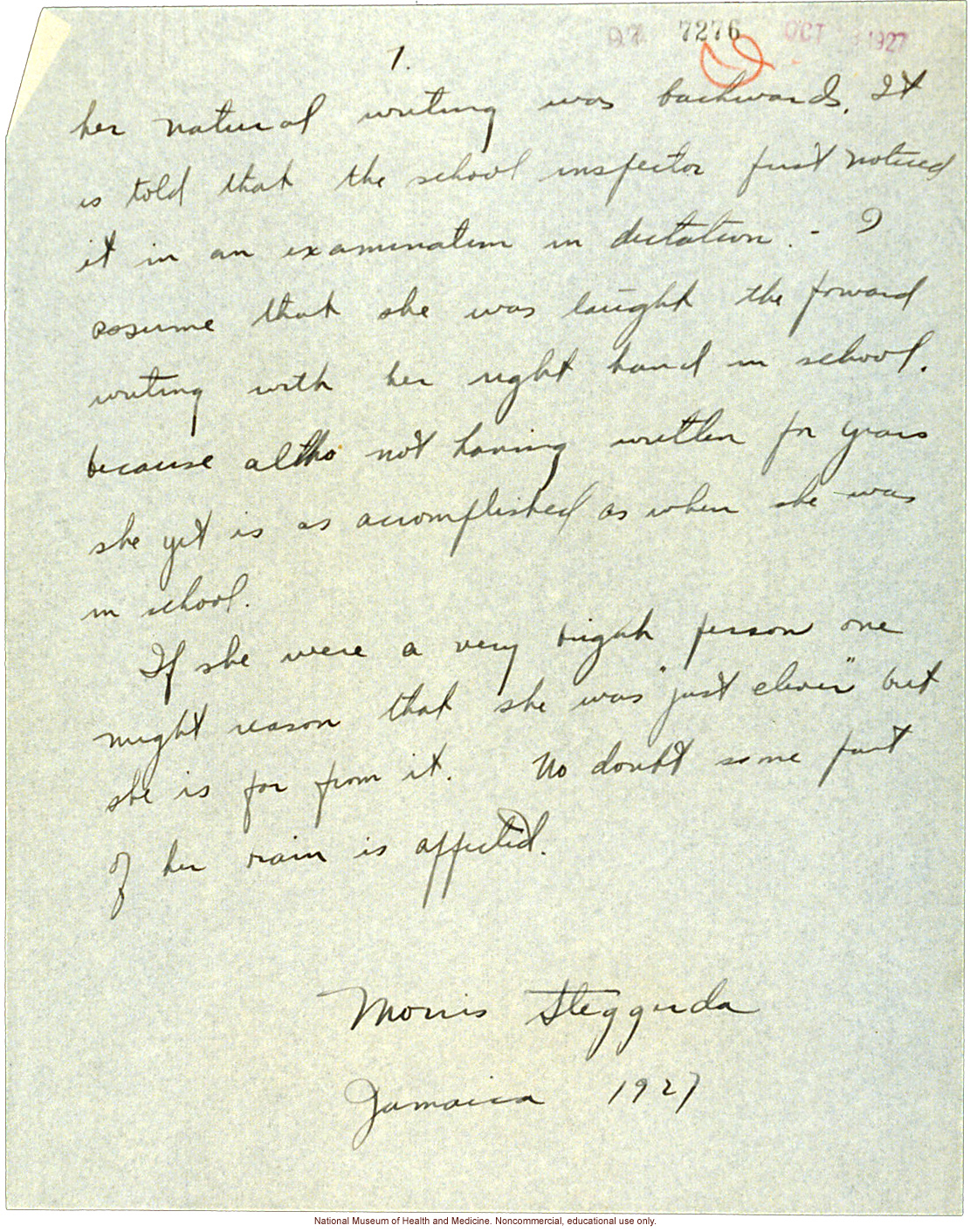 &quote;A Person who writes Backwards,&quote; handwritten report with photo and writing samples, conducted in Jamaica by Morris Steggerda