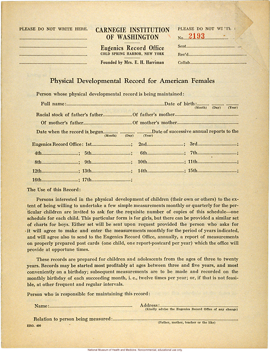 &quote;Physical Development Record for American Females,&quote; Eugenics Record Office (including forms, directions, and growth graphs)