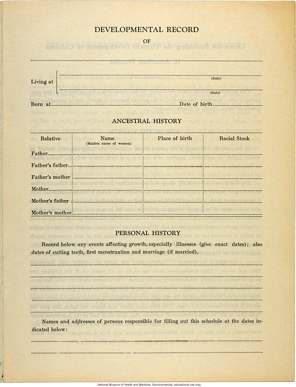 &quote;Physical Development Record for American Females,&quote; Eugenics Record Office (including forms, directions, and growth graphs)