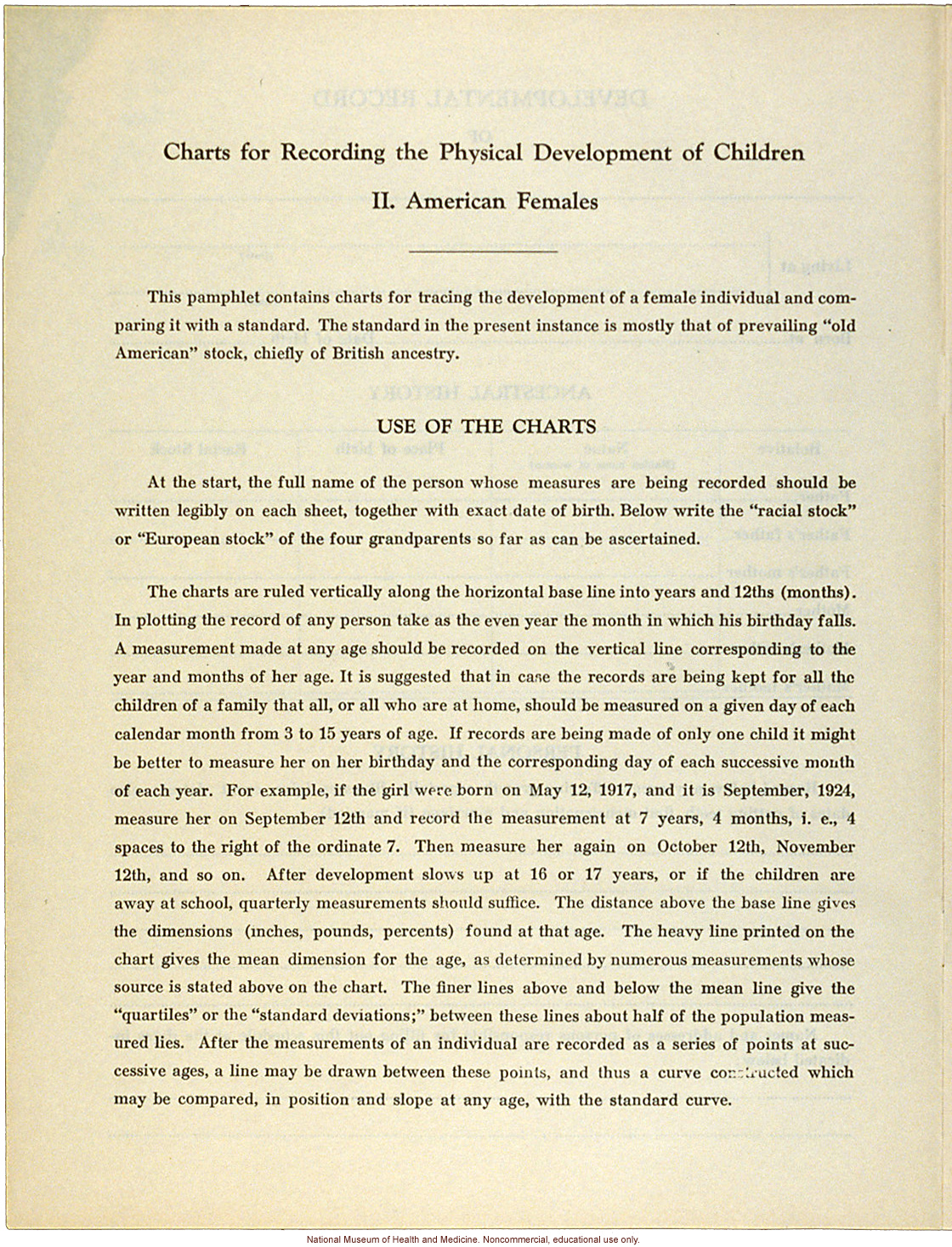 &quote;Physical Development Record for American Females,&quote; Eugenics Record Office (including forms, directions, and growth graphs)