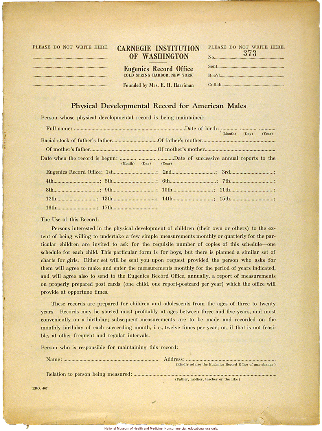 &quote;Physical Development Record for American Males,&quote; Eugenics Record Office (including forms, directions, and growth graphs)