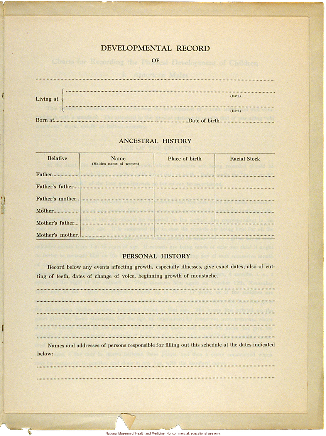 &quote;Physical Development Record for American Males,&quote; Eugenics Record Office (including forms, directions, and growth graphs)