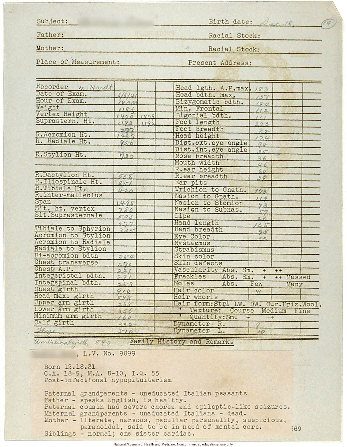 Anthropometry of Dwarves at Letchworth Village for the Feebleminded and Epileptic (measurements, family histories, dental charts, and photographs)
