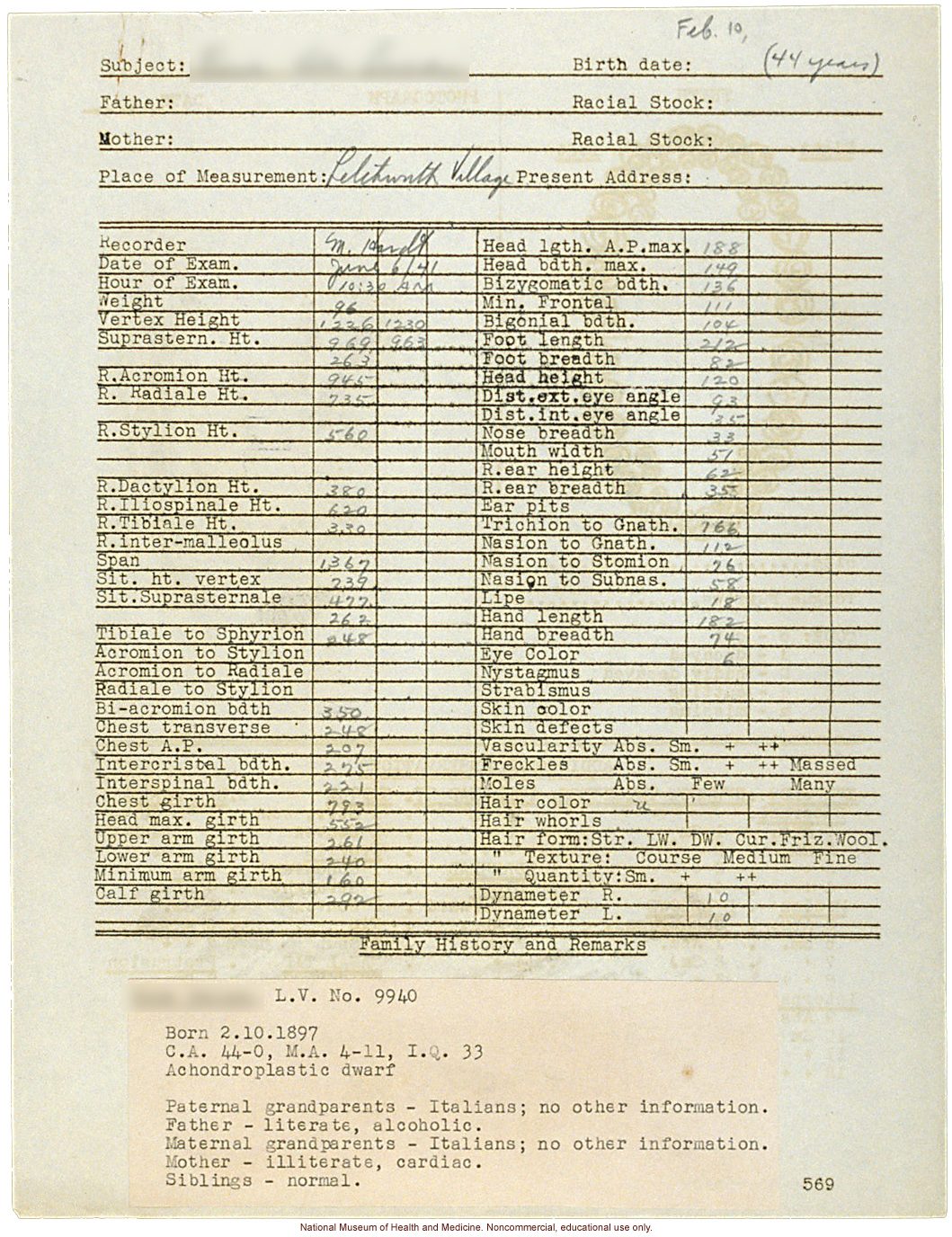 Anthropometry of Dwarves at Letchworth Village for the Feebleminded and Epileptic (measurements, family histories, dental charts, and photographs)