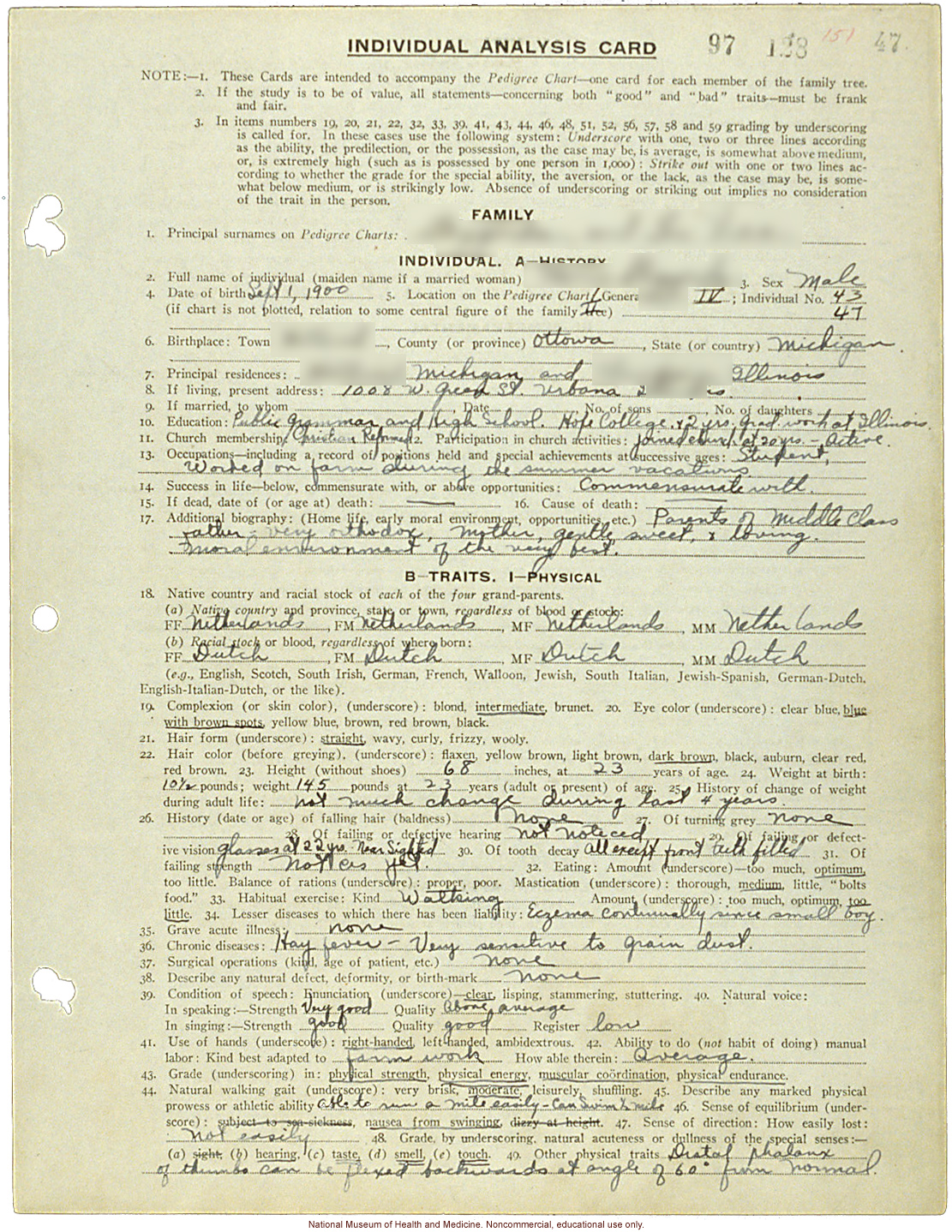 &quote;Individual Analysis Card,&quote; Eugenics Record Office