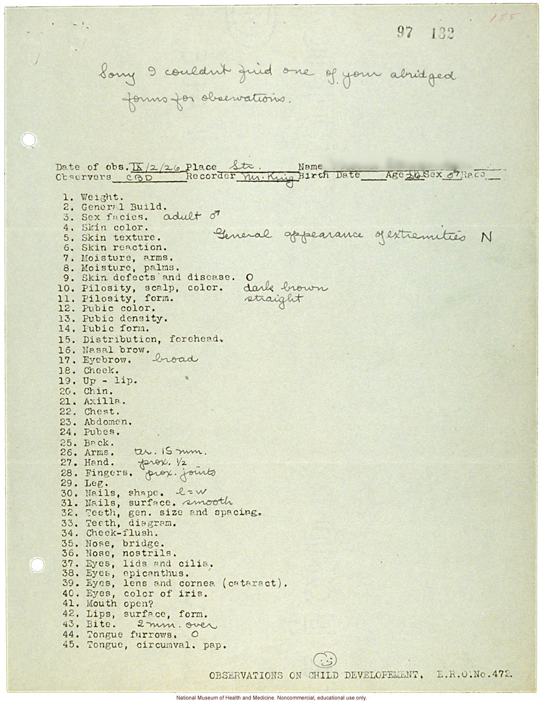 &quote;Observations on Child Development, E.R.O No. 472&quote; (observed by &quote;CBD,&quote; Charles Benedict Davenport)