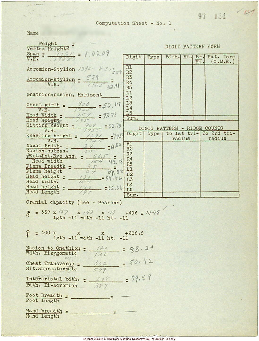 Anthropometric &quote;Computation Sheet&quote; used by Morris Steggerda