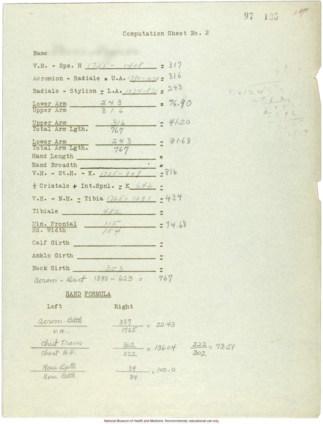 Anthropometric &quote;Computation Sheet&quote; used by Morris Steggerda