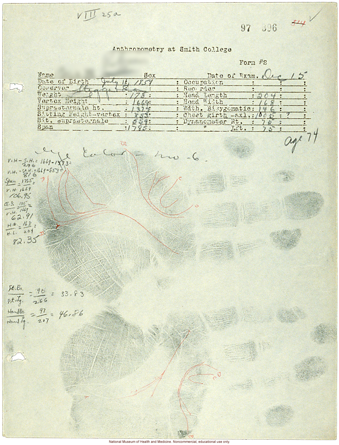 &quote;Anthropometry at Smith College,&quote; form with measurements, handprints, and hand/foot tracings (&quote;Observer Steggerda&quote;)