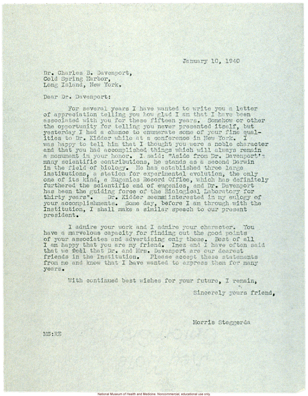 Morris Steggerda letter to Charles Davenport, thanking him for years of collaboration and friendship and calling him &quote;a second Darwin&quote; (1/10/1940)