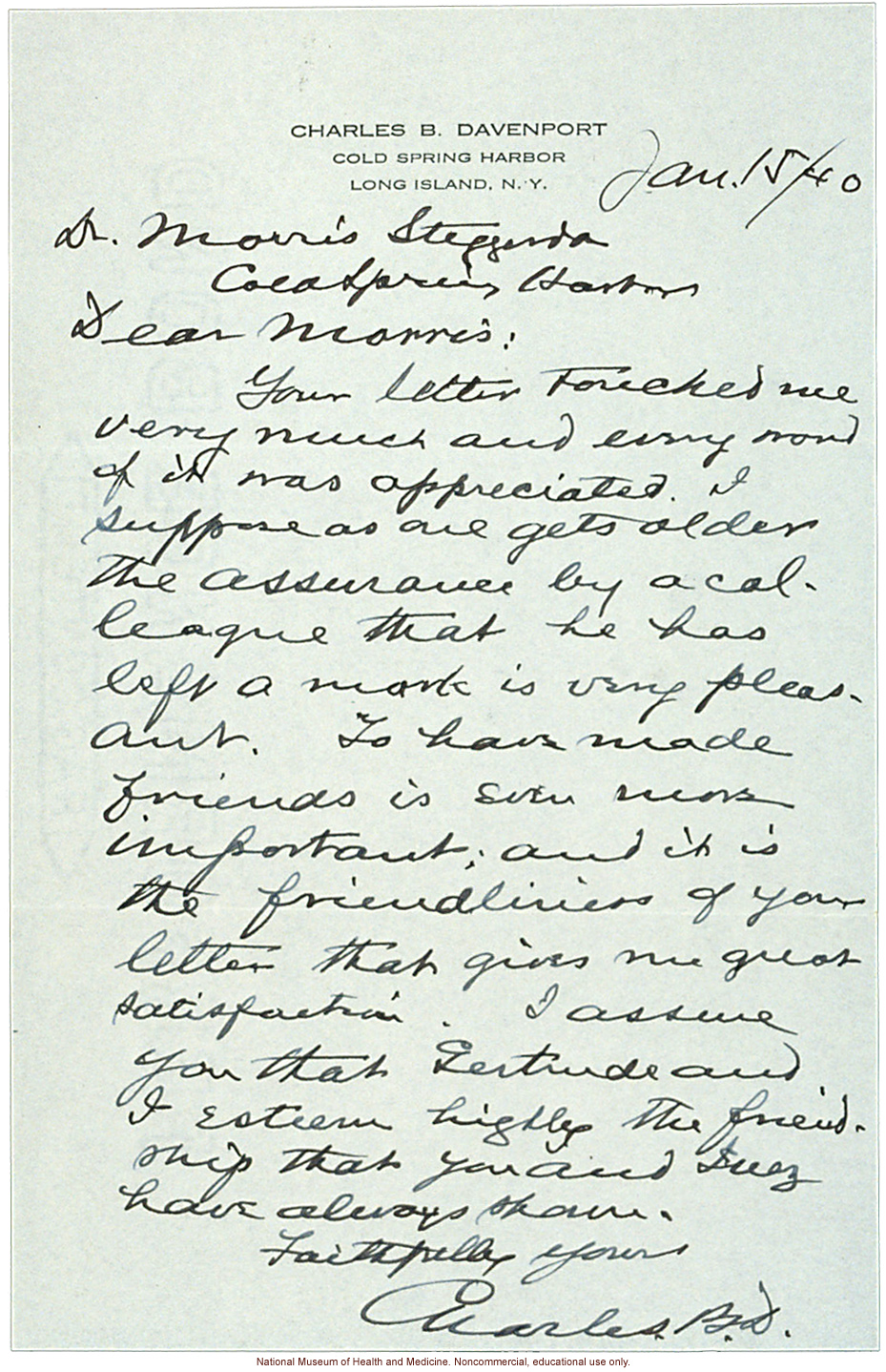 Charles Davenport letter to Morris Steggerda, acknowledging their collaboration and friendship over the years (1/15/1940)