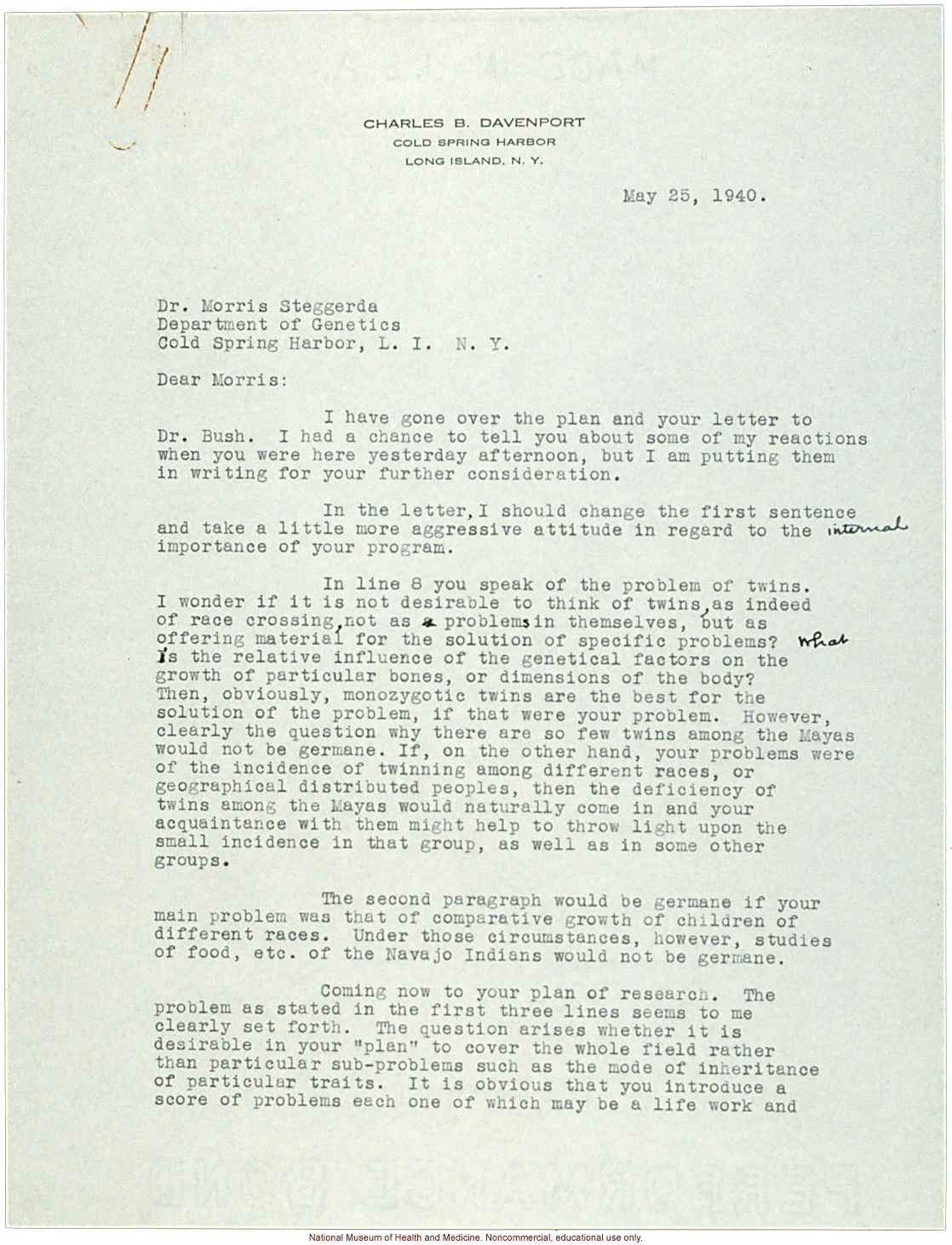 C. Davenport letter to M. Steggerda, &quote;human genetics&quote; replaces eugenics and &quote;race crossing&quote; is discouraged in a review of a research plan (5/25/1940)