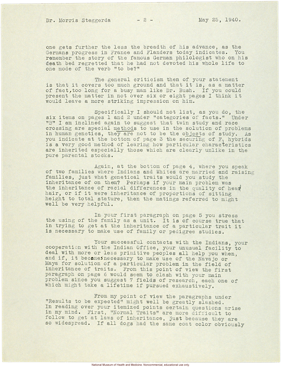 C. Davenport letter to M. Steggerda, &quote;human genetics&quote; replaces eugenics and &quote;race crossing&quote; is discouraged in a review of a research plan (5/25/1940)