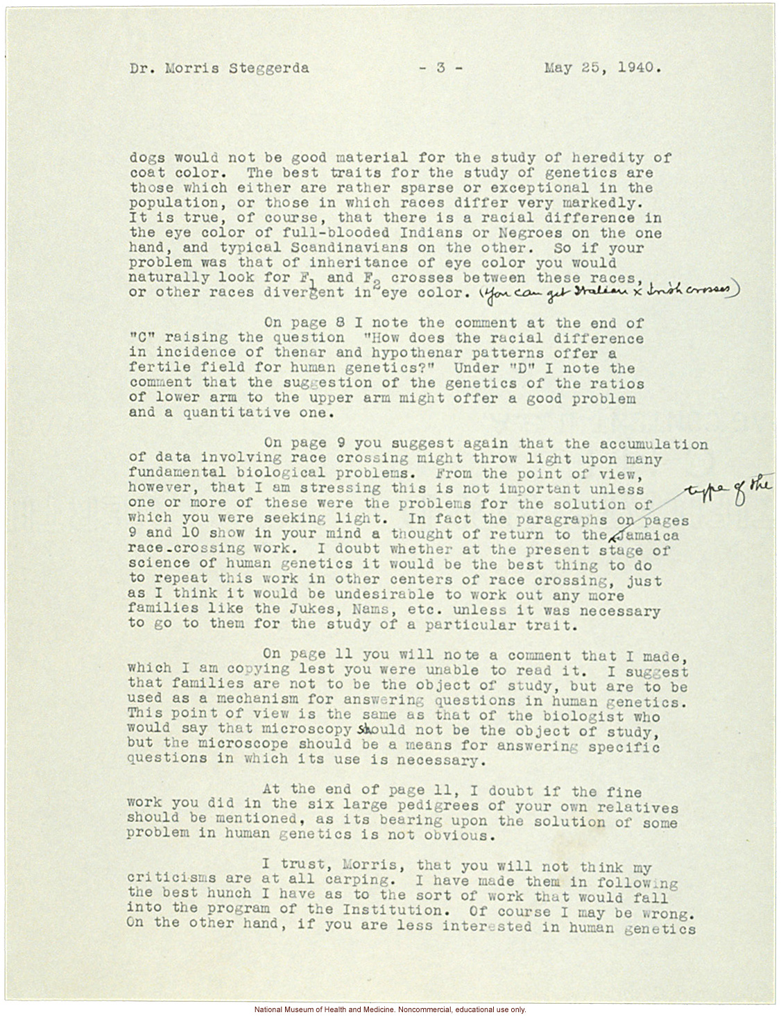 C. Davenport letter to M. Steggerda, &quote;human genetics&quote; replaces eugenics and &quote;race crossing&quote; is discouraged in a review of a research plan (5/25/1940)