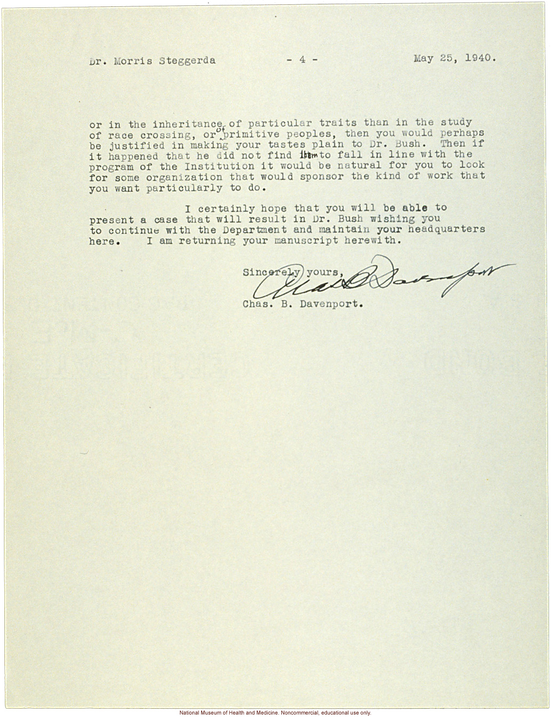 C. Davenport letter to M. Steggerda, &quote;human genetics&quote; replaces eugenics and &quote;race crossing&quote; is discouraged in a review of a research plan (5/25/1940)