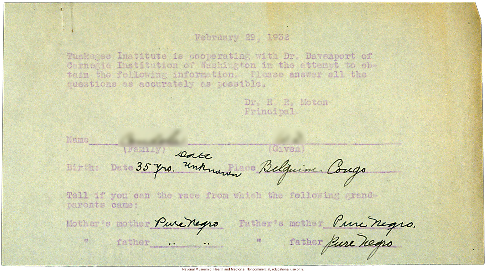 Adult male anthropometric cases, collected by Charles Davenport at Tuskegee Institute, Alabama (measurements and lineage forms)