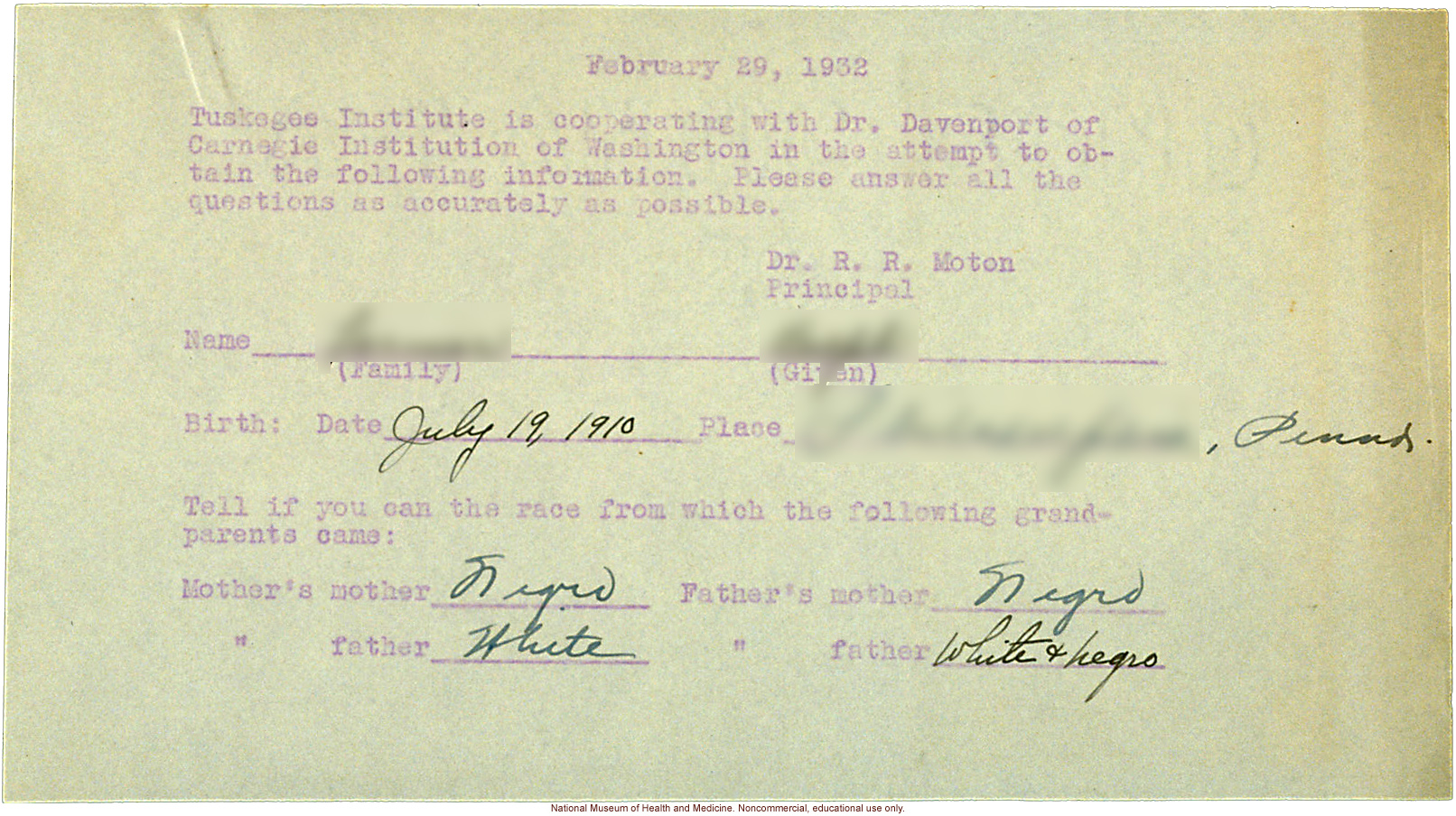 Adult male anthropometric cases, collected by Charles Davenport at Tuskegee Institute, Alabama (measurements and lineage forms)