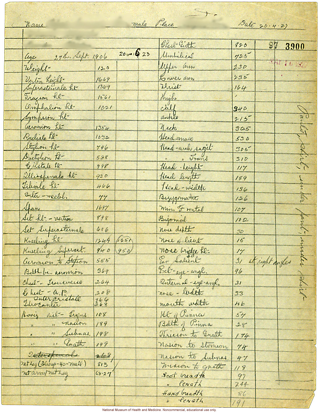 Seaford Town male anthropometric case: photo, measurements, finger prints, Schedule 3, notes; by Morris Steggerda for <i>Race Crossing in Jamaica</i>