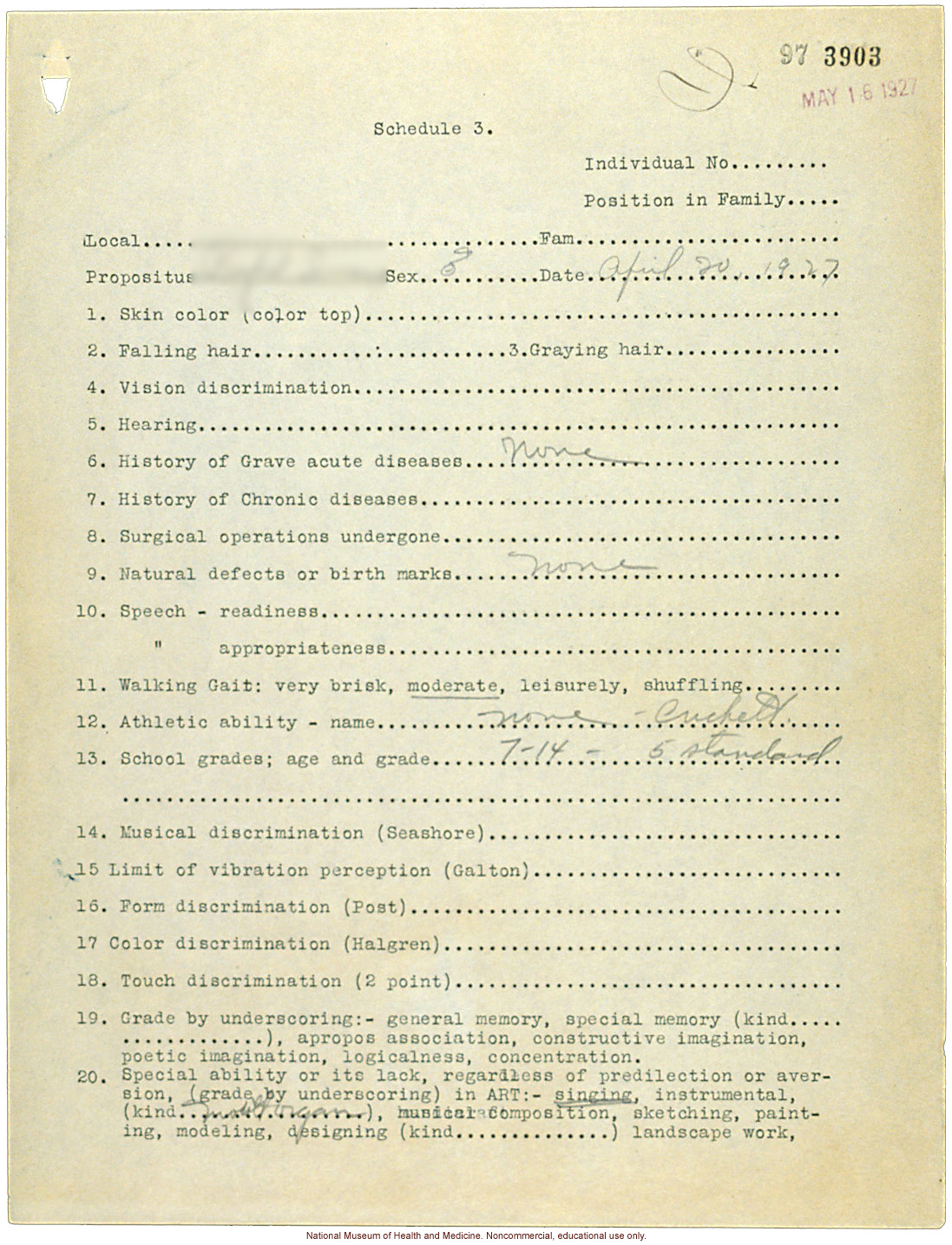 Seaford Town male anthropometric case: photo, measurements, finger prints, Schedule 3, notes; by Morris Steggerda for <i>Race Crossing in Jamaica</i>