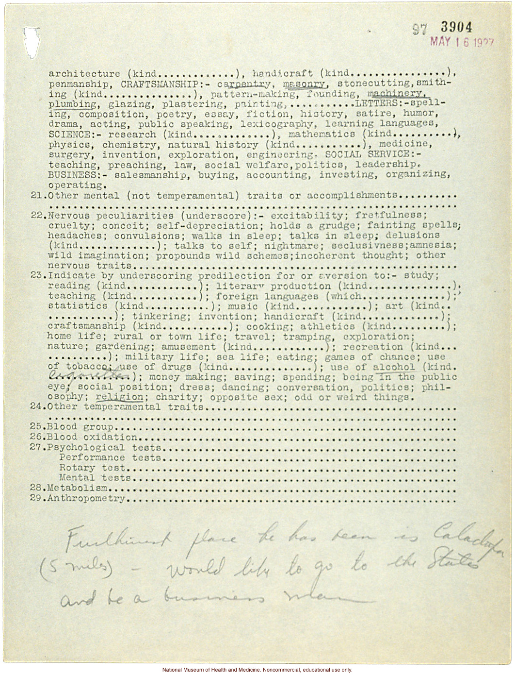 Seaford Town male anthropometric case: photo, measurements, finger prints, Schedule 3, notes; by Morris Steggerda for <i>Race Crossing in Jamaica</i>