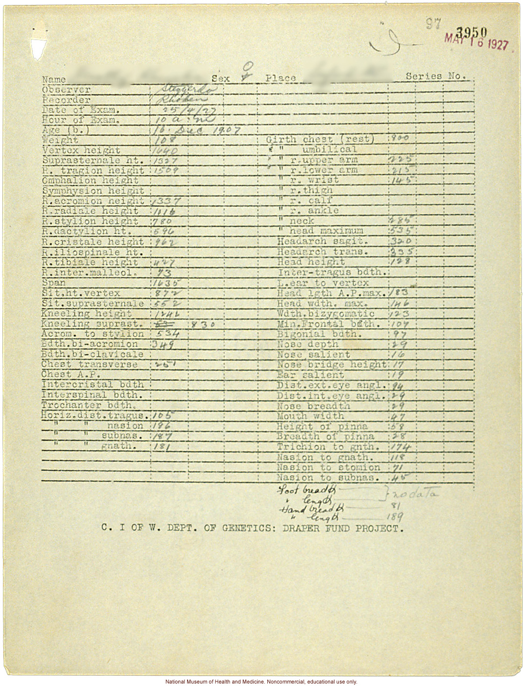 Seaford Town female anthropometric case: photos, measurements, finger prints, Schedule 3; by Morris Steggerda for <i>Race Crossing in Jamaica</i>