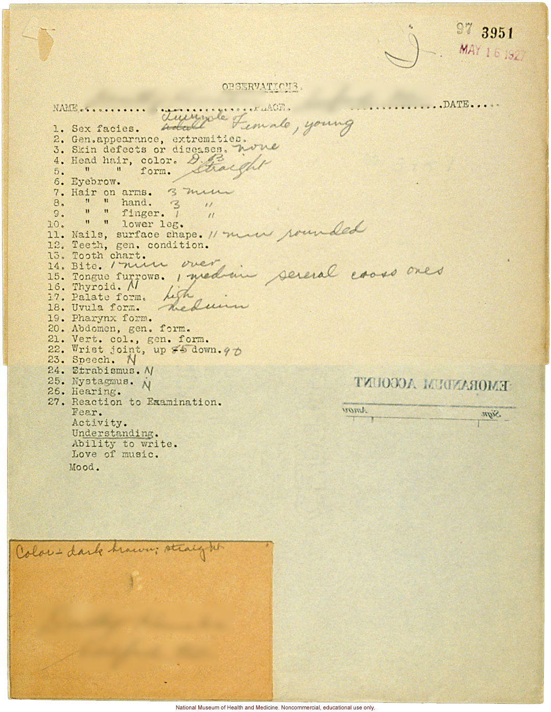 Seaford Town female anthropometric case: photos, measurements, finger prints, Schedule 3; by Morris Steggerda for <i>Race Crossing in Jamaica</i>