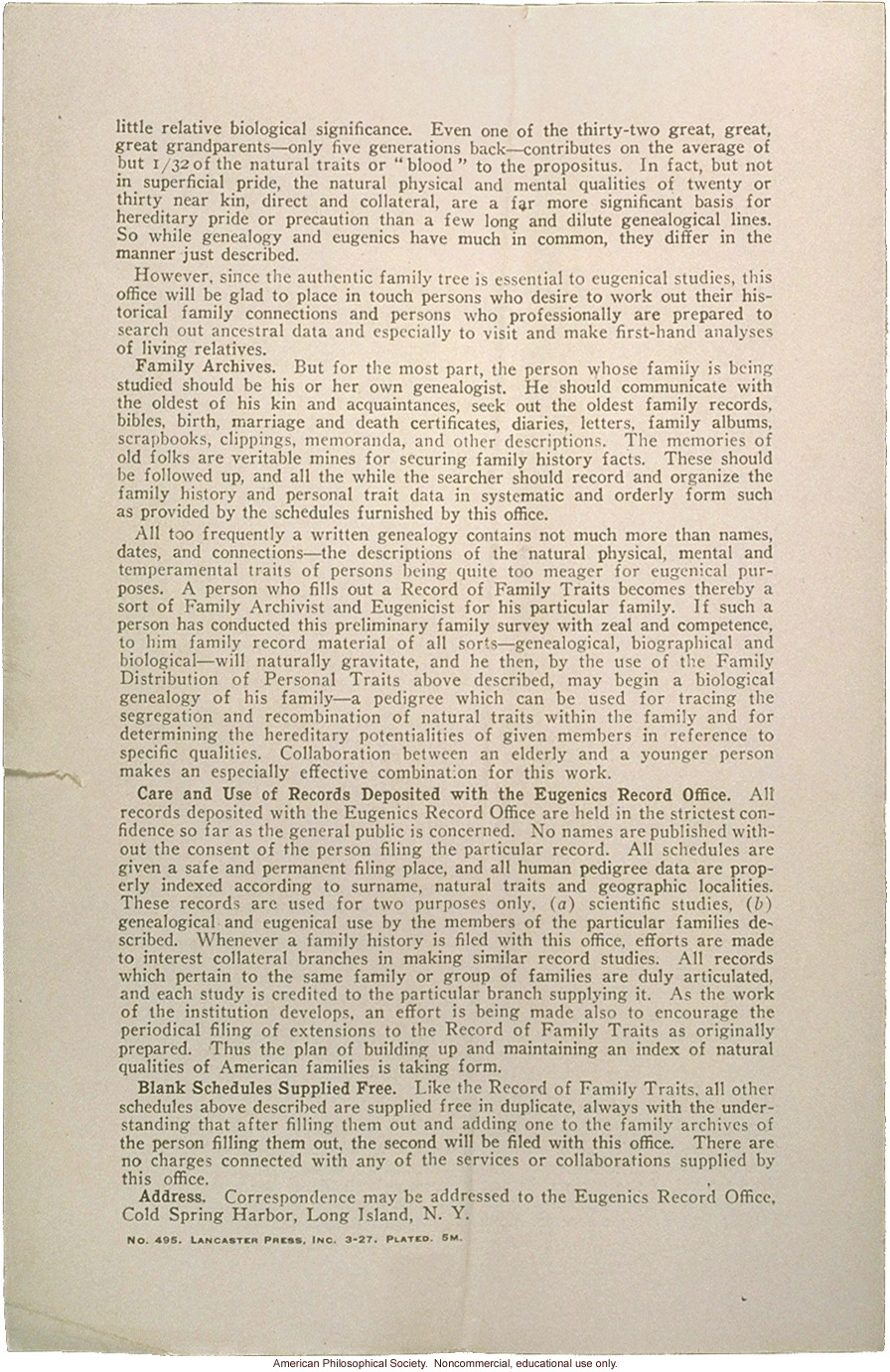&quote;Eugenics seeks to improve the natural, physical, mental and tempermental qualities of the human family,&quote; Eugenics Record Office