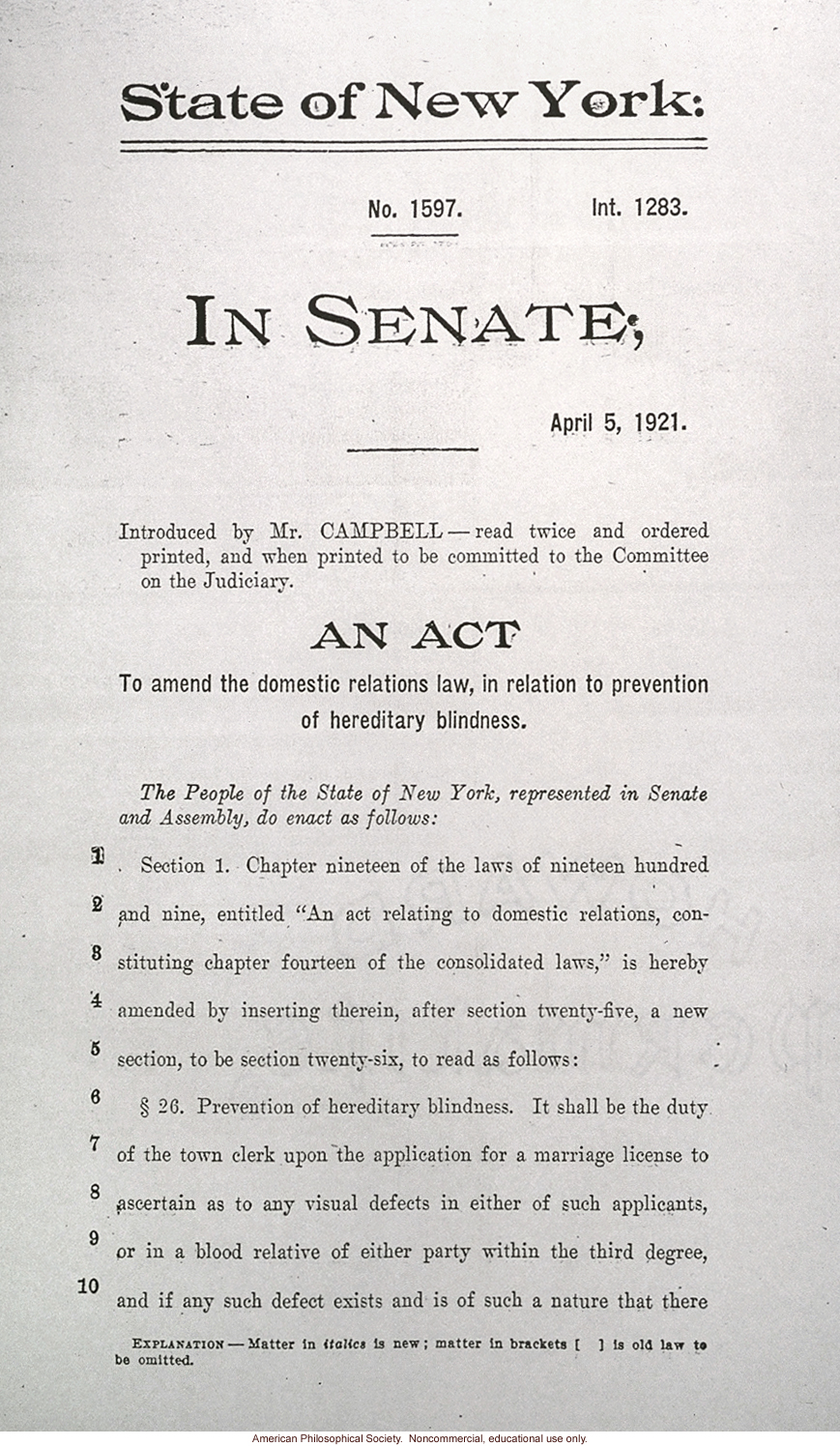 &quote;An act to amend the domestic relations law, in relation to prevention of hereditary blindness&quote;, New York State Senate