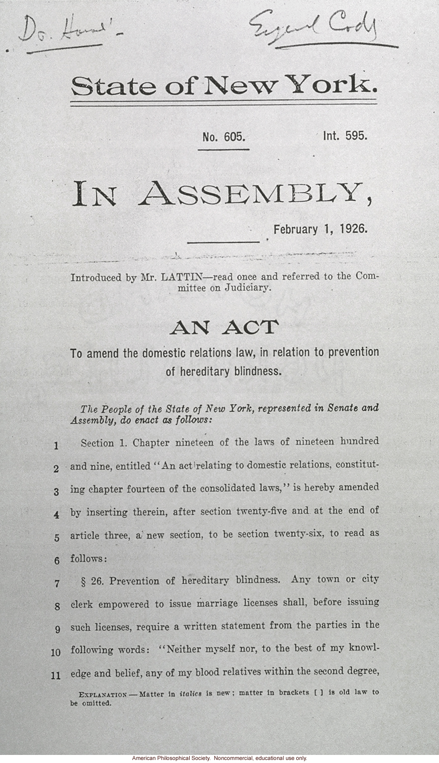 &quote;An act to amend the domestic relations law, in relation to prevention of hereditary blindness&quote;, New York State Senate
