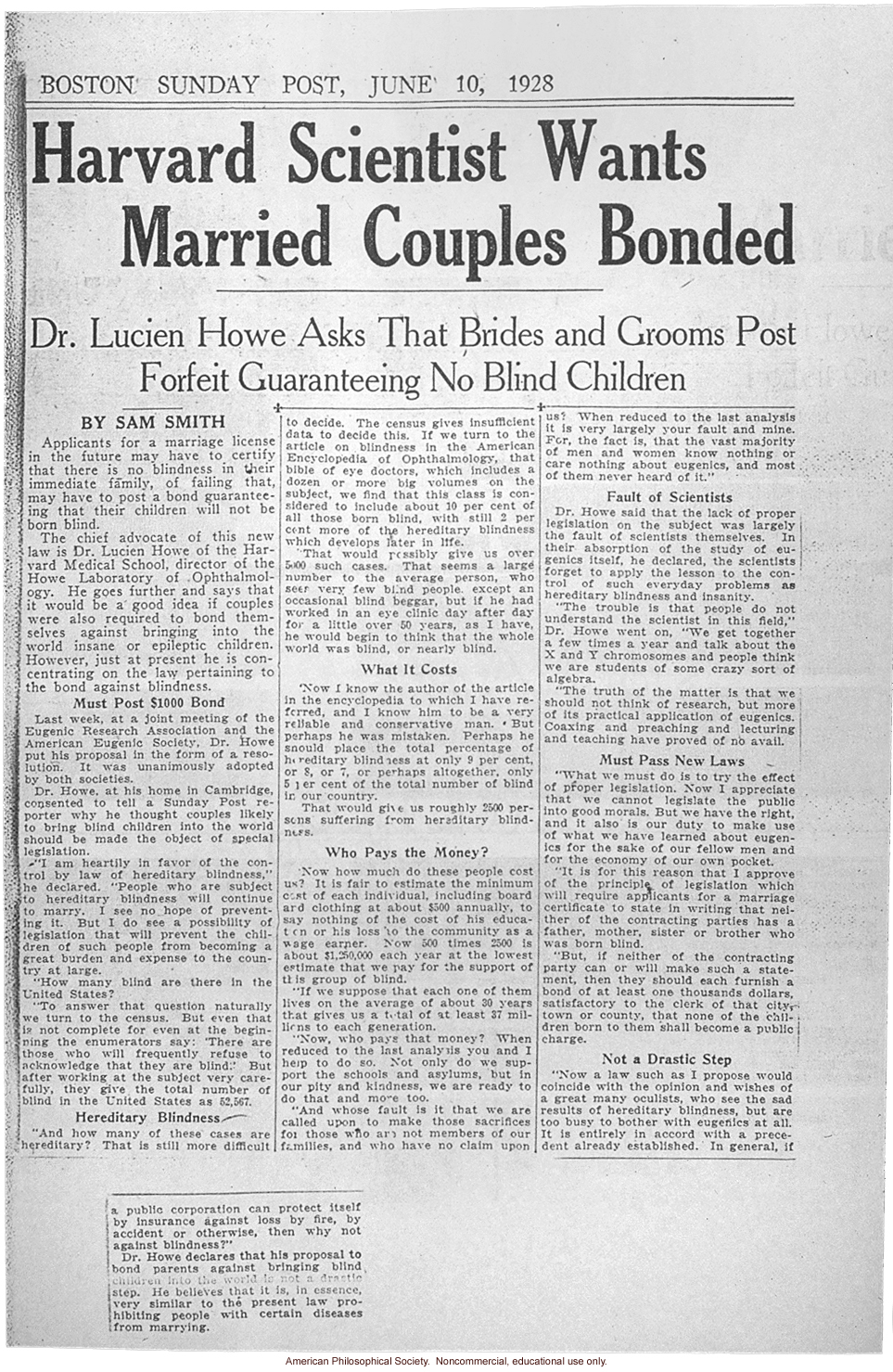 &quote;Harvard scientist wants married couples bonded,&quote; by Sam Smith, Boston Sunday Post